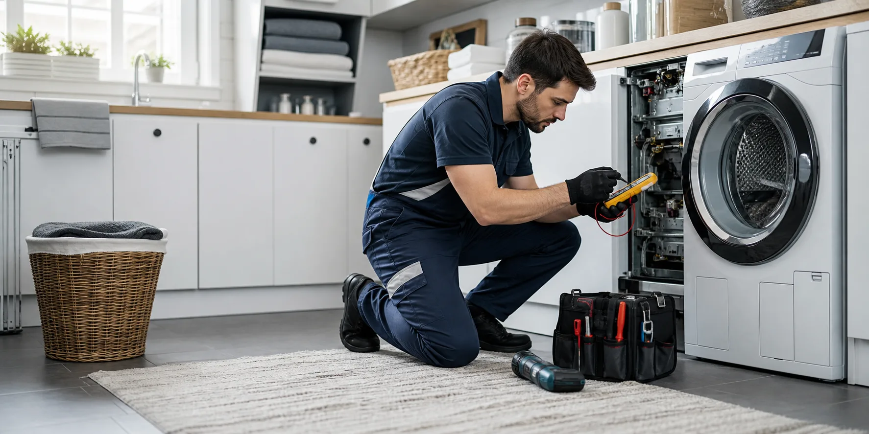 Appliance repair technician working on a refrigerator in a bright kitchen